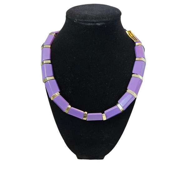 Vintage Purple Lucite & Gold Toned Chunky Trapezoid Statement Necklace Hong Kong - Picture 1 of 5